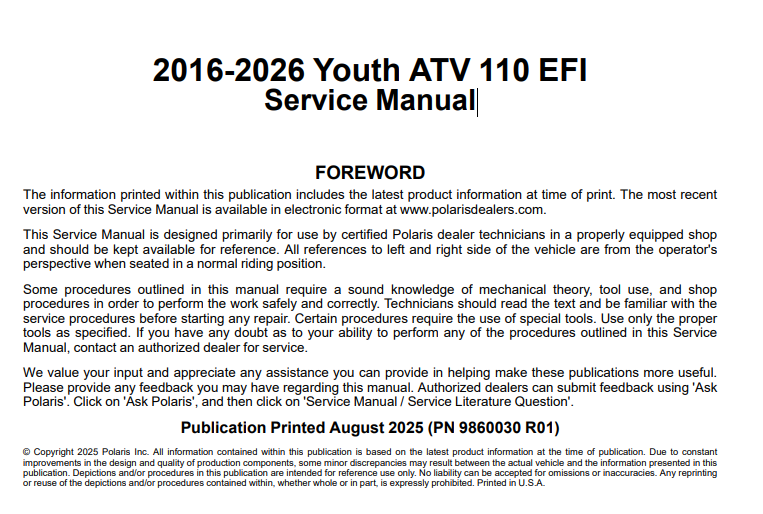 2016-2026 Polaris Youth ATV 110 EFI Service Manual
