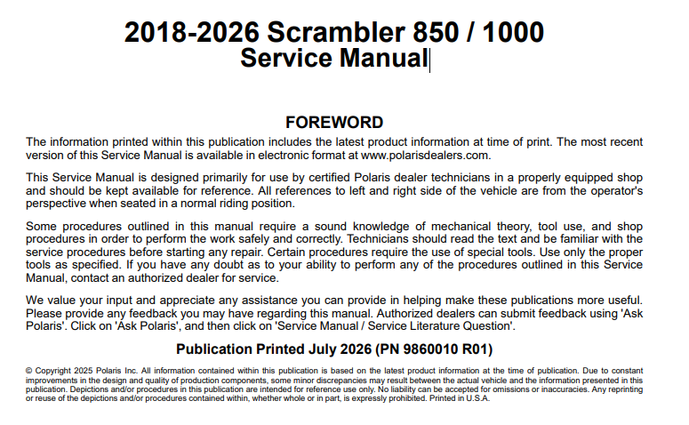 2018-2026 Polaris Scrambler 850 / 1000 Service Manual
