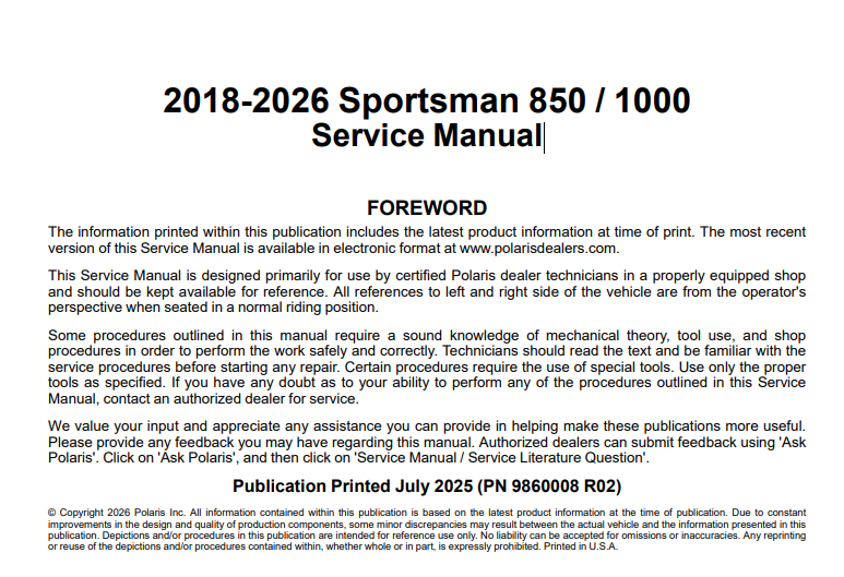 2018-2026 Polaris Sportsman 850 / 1000 Service Manual