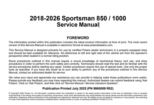 More information about "2018-2026 Polaris Sportsman 850 / 1000 Service Manual"