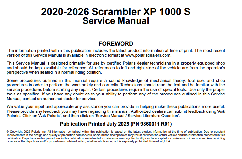 2020-2026 Polaris Scrambler XP 1000 S Service Manual