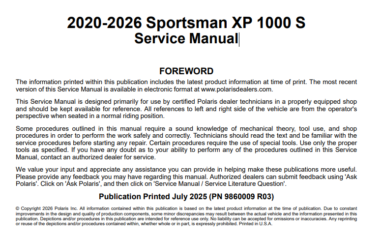 2020-2026 Polaris Sportsman XP 1000 S Service Manual