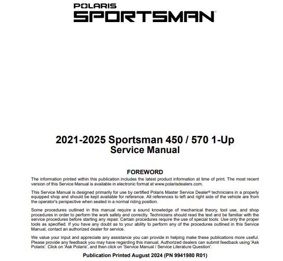 2021-2025 Polaris Sportsman 450/570 1-Up Service Manual