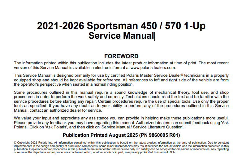 2021-2026 Polaris Sportsman 450 / 570 1-Up Service Manual