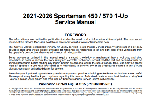More information about "2021-2026 Polaris Sportsman 450 / 570 1-Up Service Manual"