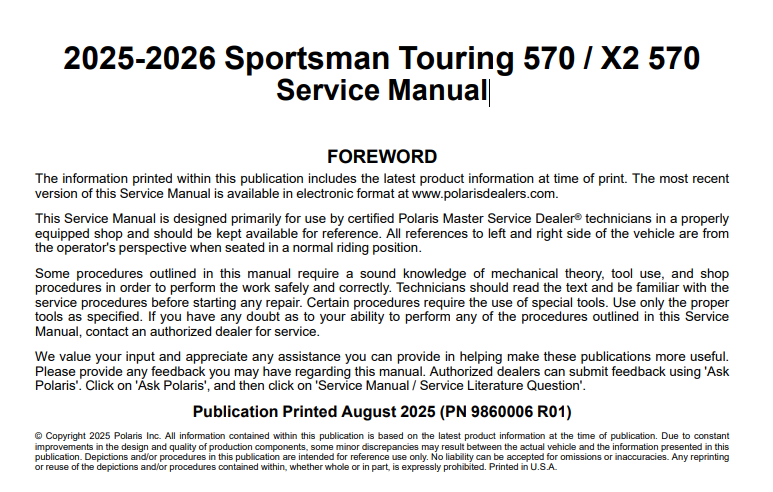 2025-2026 Polaris Sportsman Touring 570 / X2 570 Service Manual