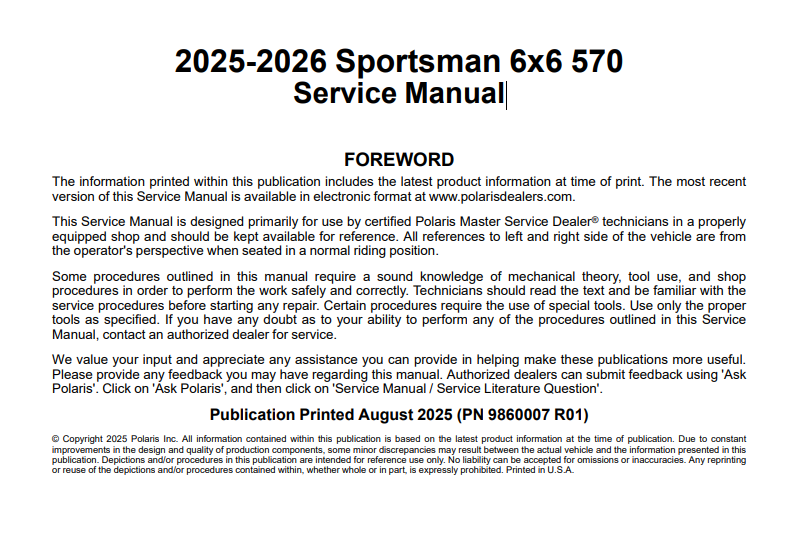 2025-2026 Sportsman 6x6 570 Service Manual
